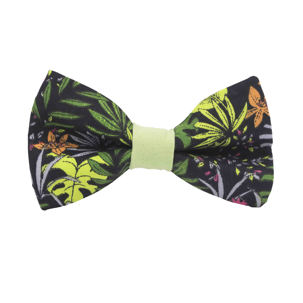 Noeud papillon "Caribbean" feuilles exotiques sur fond noir