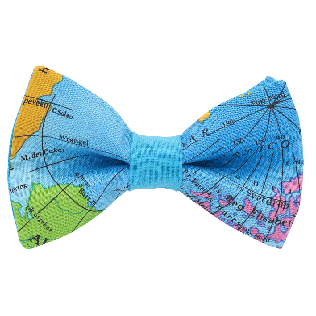 Nœud papillon "Globe-trotter" - Carte du monde sur fond turquoise