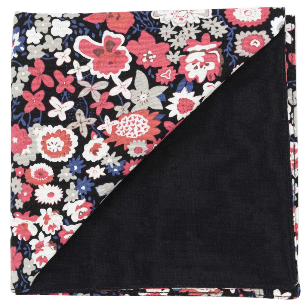 Pochette "Wonderland" fleurs corail, blanches et beiges sur fond noir