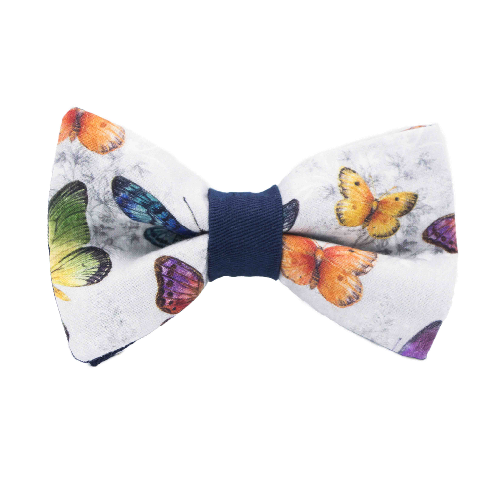 Noeud papillon "Butterfly Effect" papillons multicolores sur fond gris