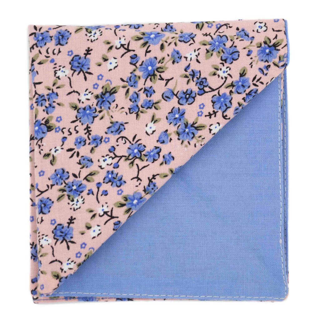 Pochette "Sakura" fleurs bleues et blanches sur fond rose