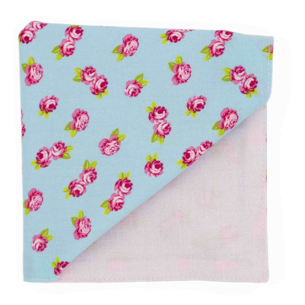 Pochette "Rose Bohême" fleurs roses sur fond bleu ciel