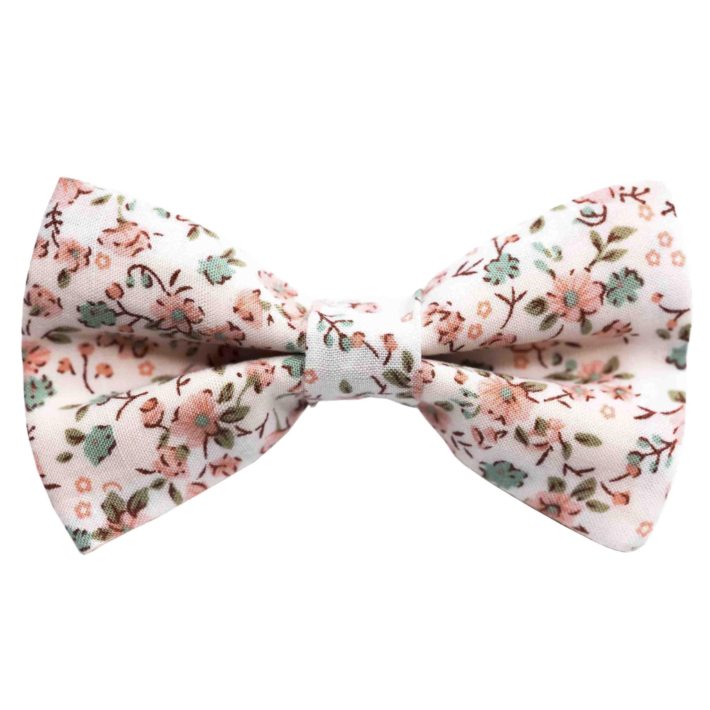 Noeud papillon "Sakura" fleurs roses pastel et vert d'eau sur fond blanc