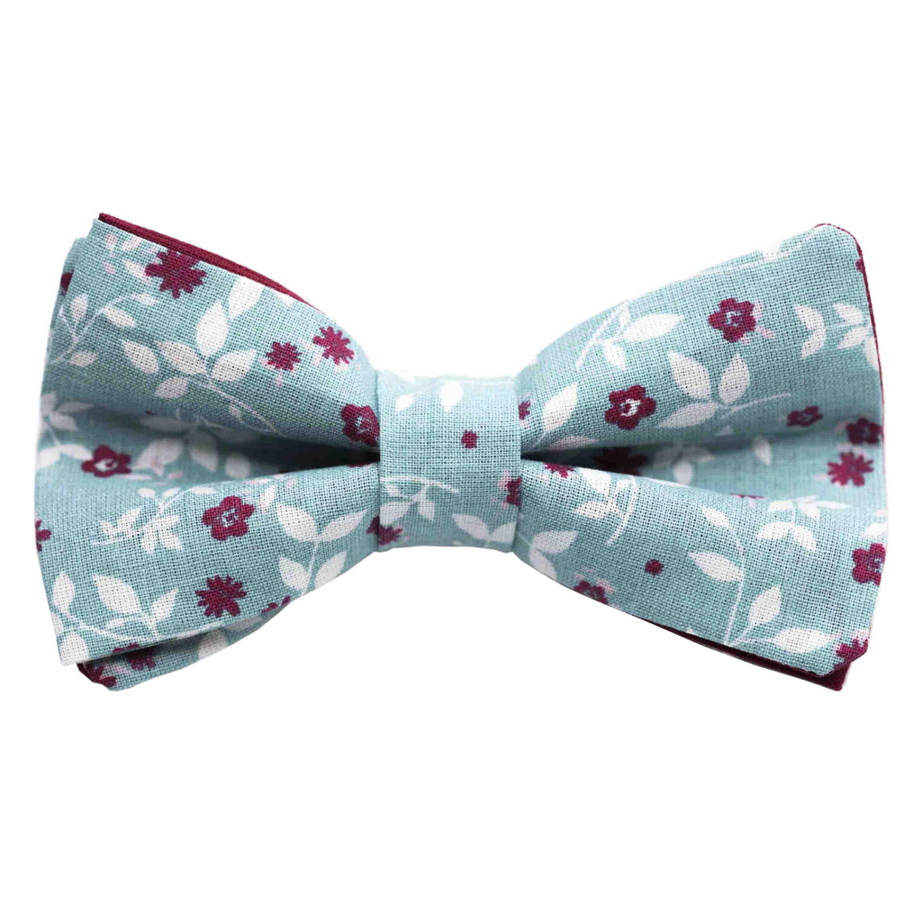 Noeud papillon "Harmonie" fleurs rose framboise sur fond bleu