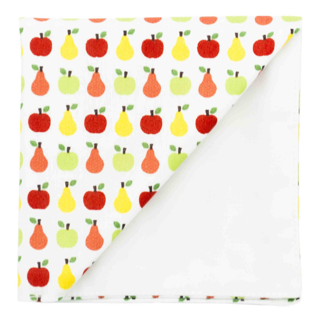 Pochette "Le Verger" poires jaunes, oranges, vertes et rouges sur fond blanc