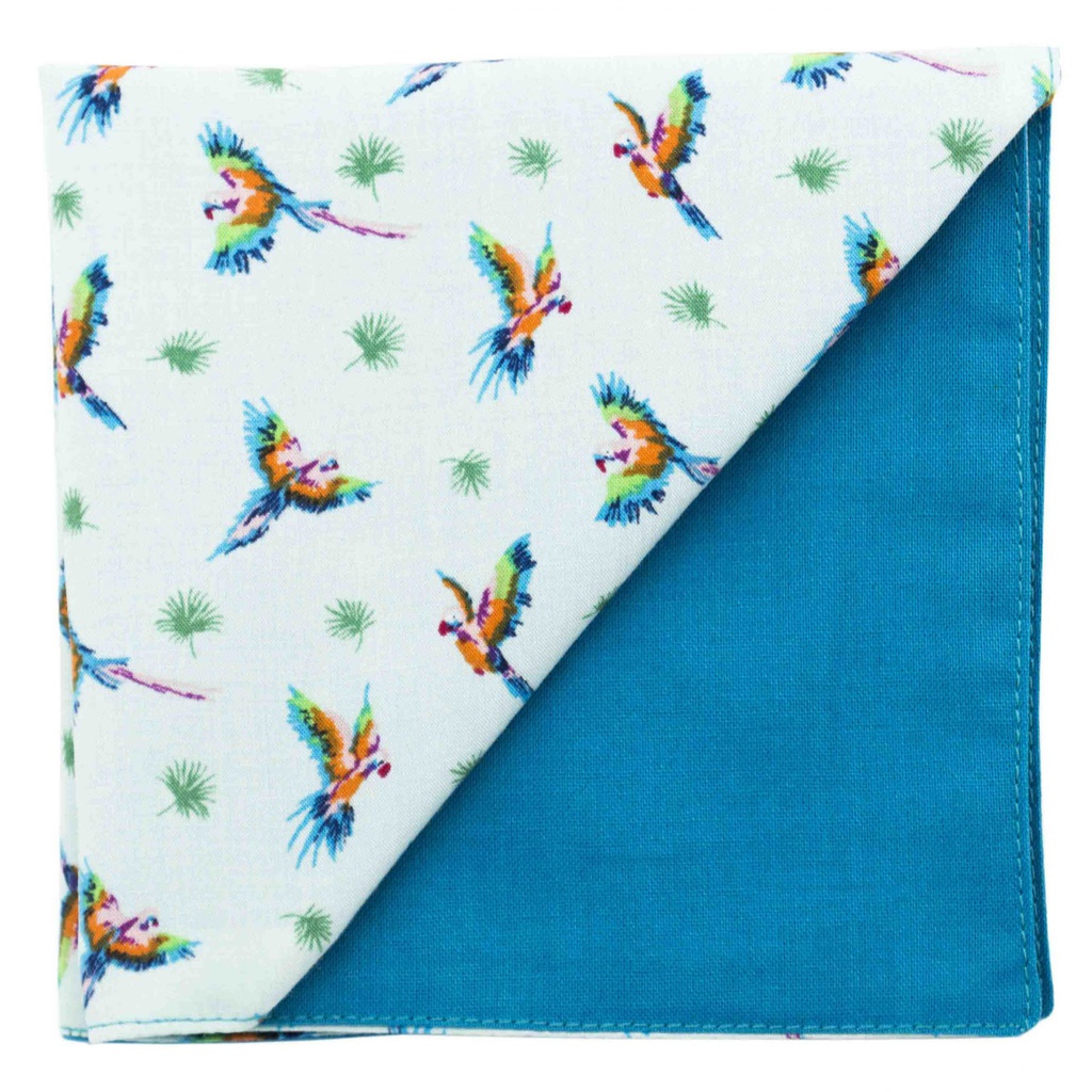 Pochette "Rio" perroquets multicolores sur fond bleu ciel