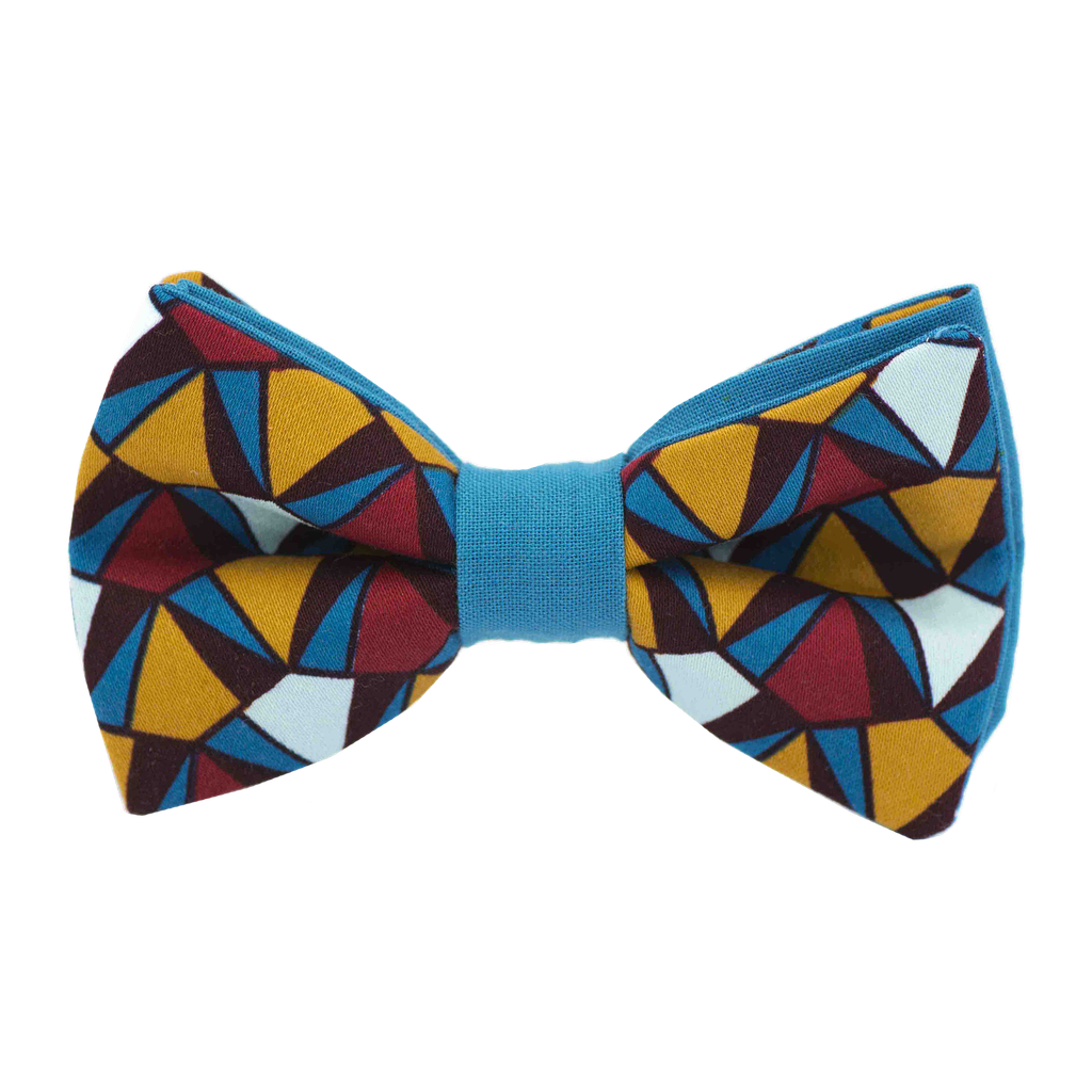 Noeud papillon "Prisme" triangles jaune moutarde, turquoise et rouges