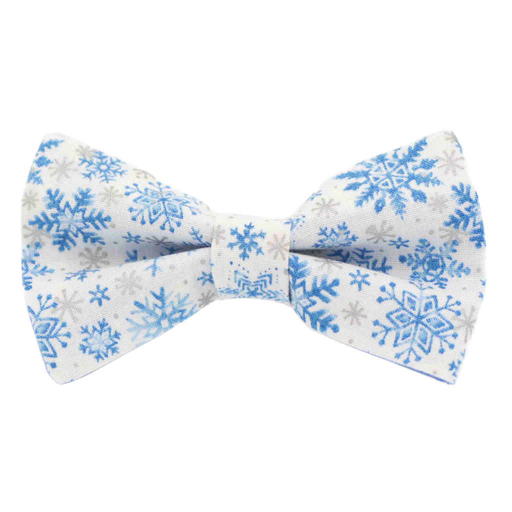 Noeud papillon "Let it snow" flocons de neige gris et bleus sur fond blanc