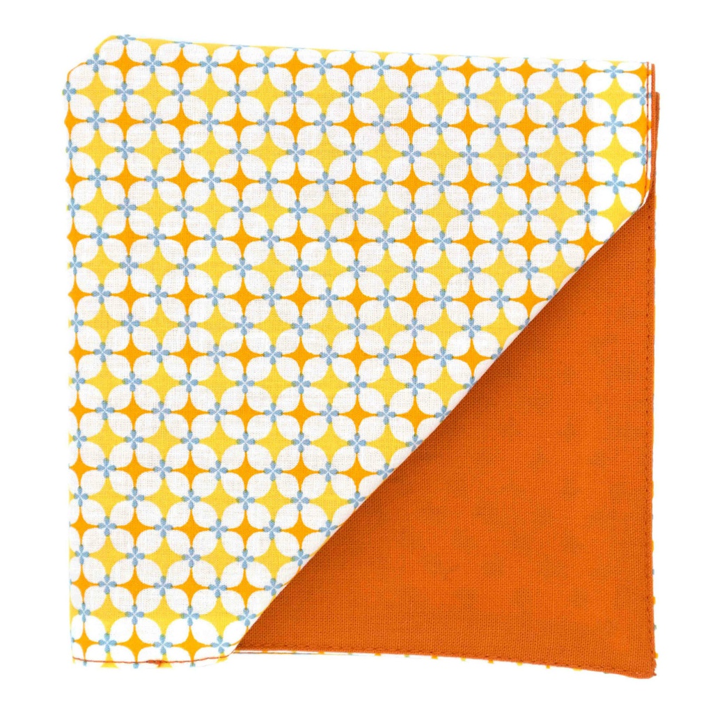 Pochette "Seventies" losanges jaunes et oranges sur fond blanc