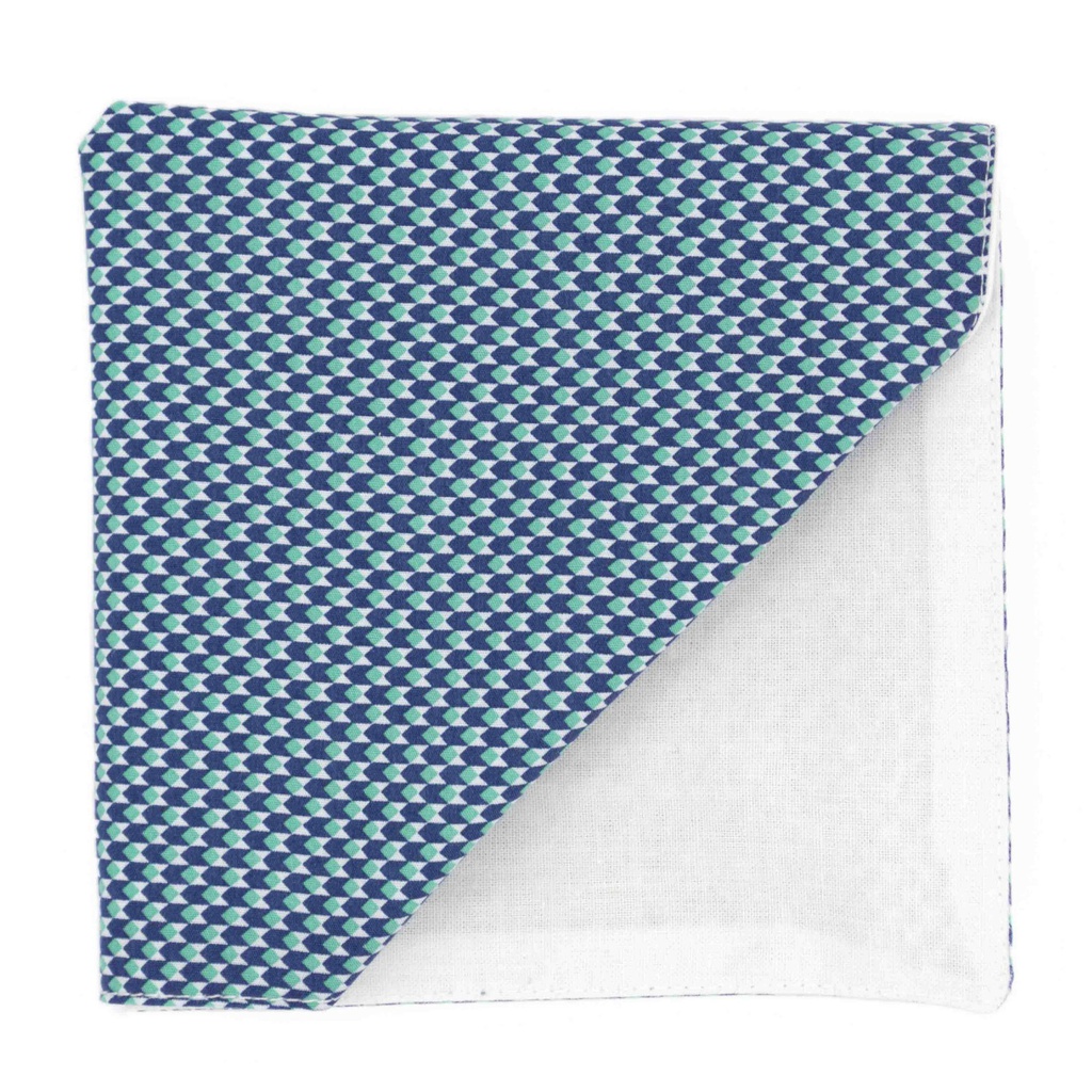 Pochette "Illusionniste" cubes bleu marine, turquoise et blanc