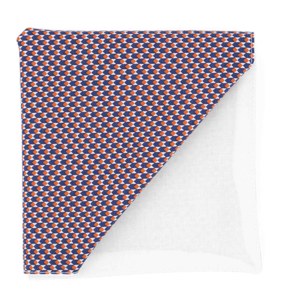 Pochette motif "Illusionniste" - cubes bleu marine, orange et blanc