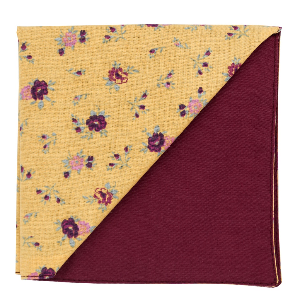 Pochette "Dijonnais" fleurs roses et rouges sur fond moutarde