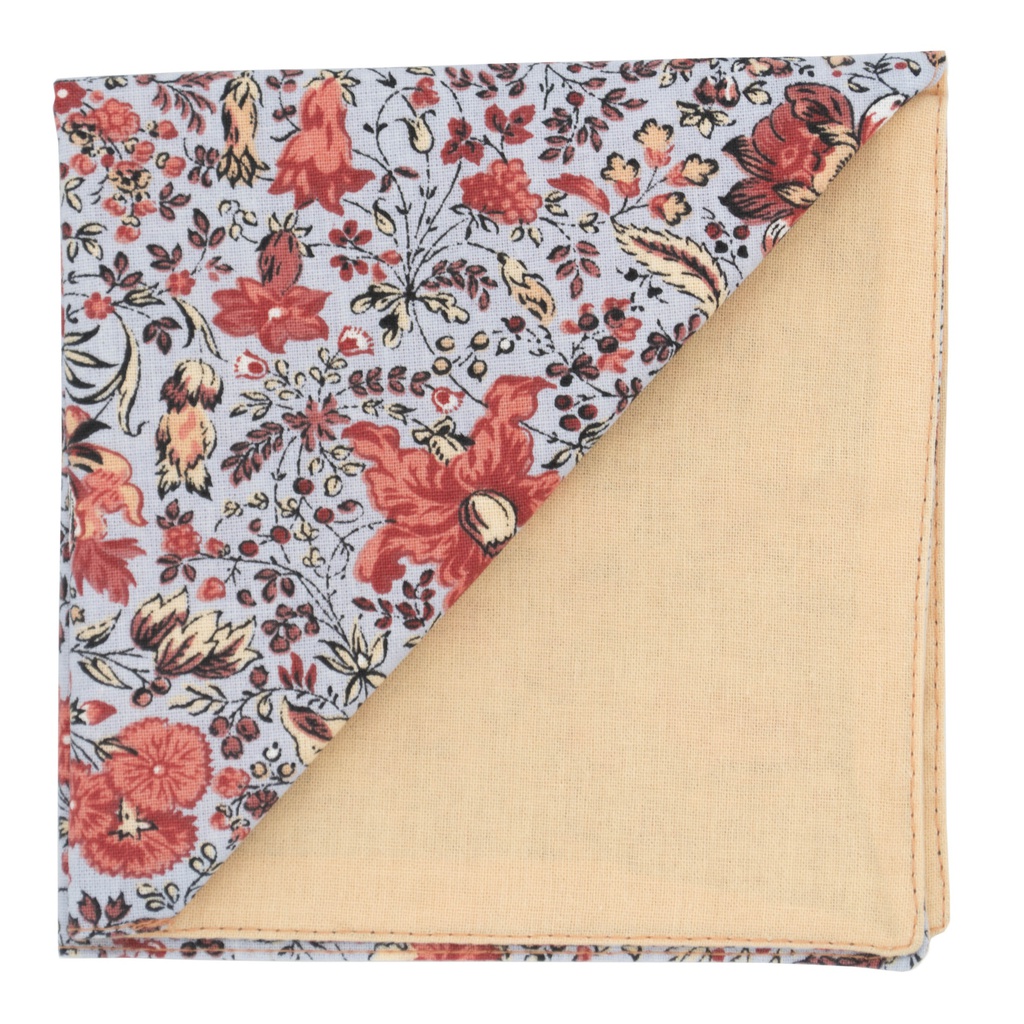 Pochette "Brin de Folie" fleurs orange sur fond bleu gris