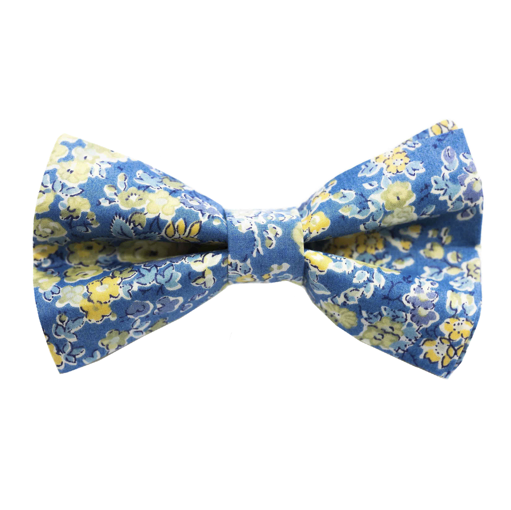 Noeud papillon Liberty "Tatum" fleurs jaunes sur fond bleu