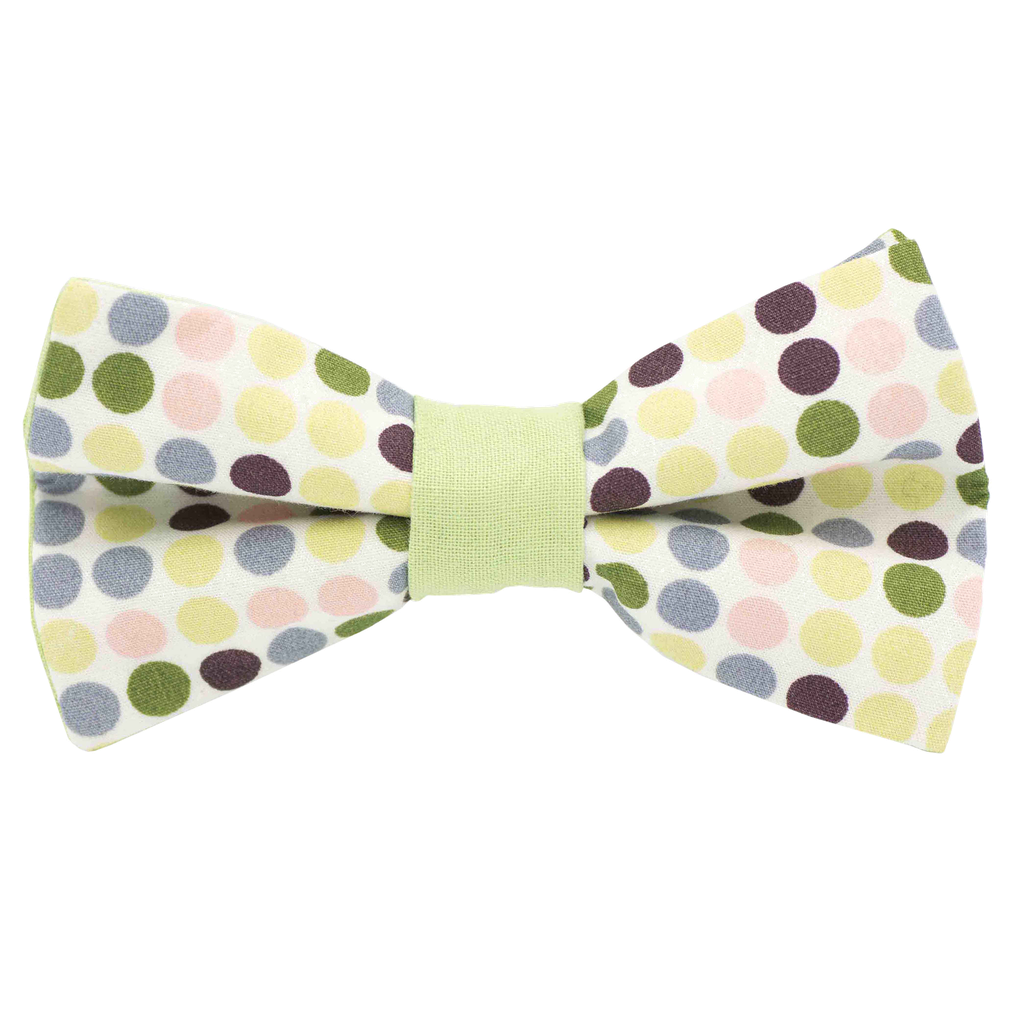 Noeud papillon à motifs "Vintage Dots" bulles colorées vertes sur fond blanc