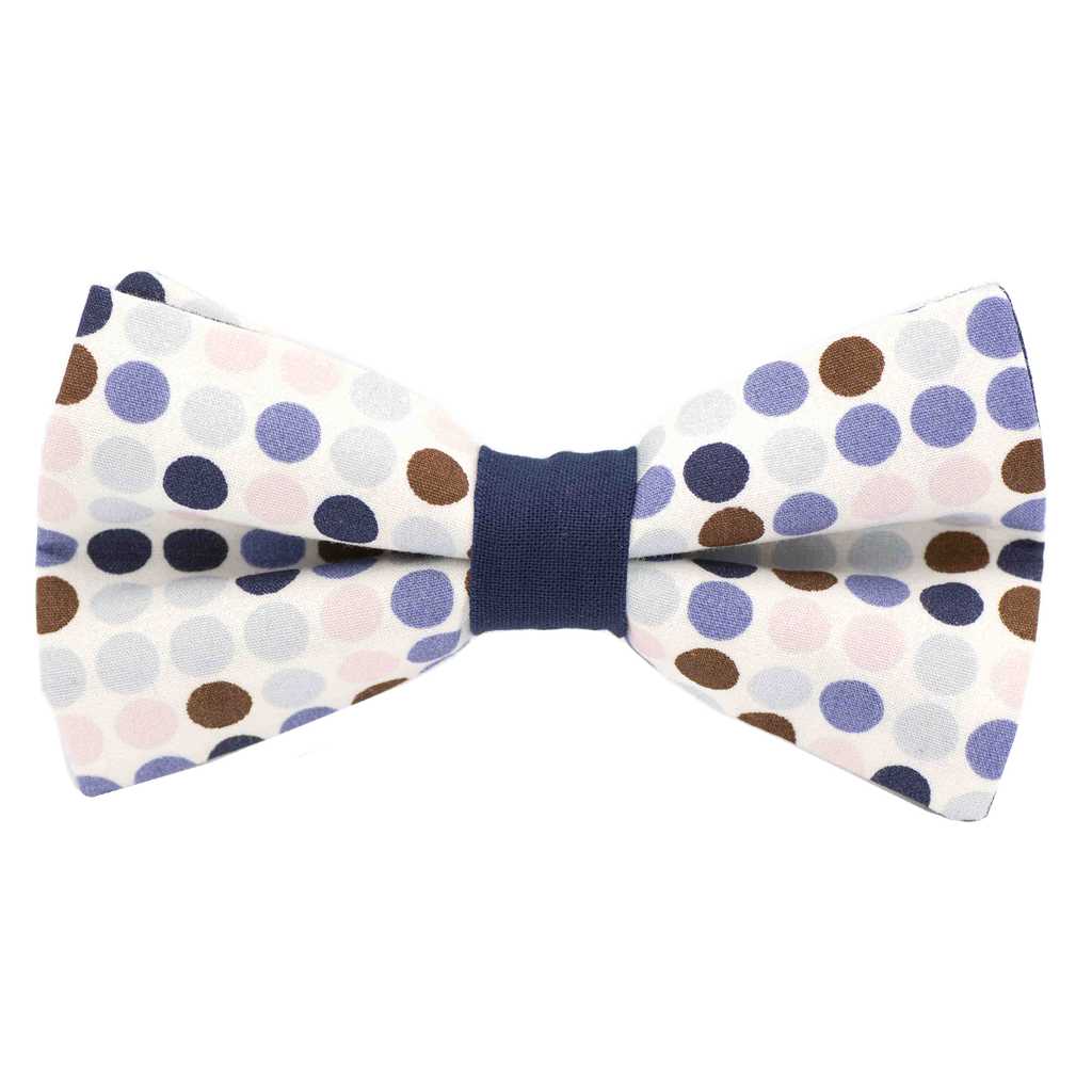 Noeud papillon à motifs "Vintage Dots" bulles colorées bleues sur fond blanc