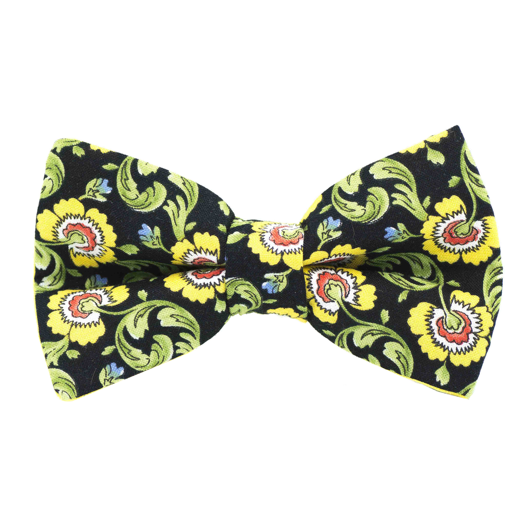 Noeud papillon "Psycho Flower" fleurs jaunes sur fond noir