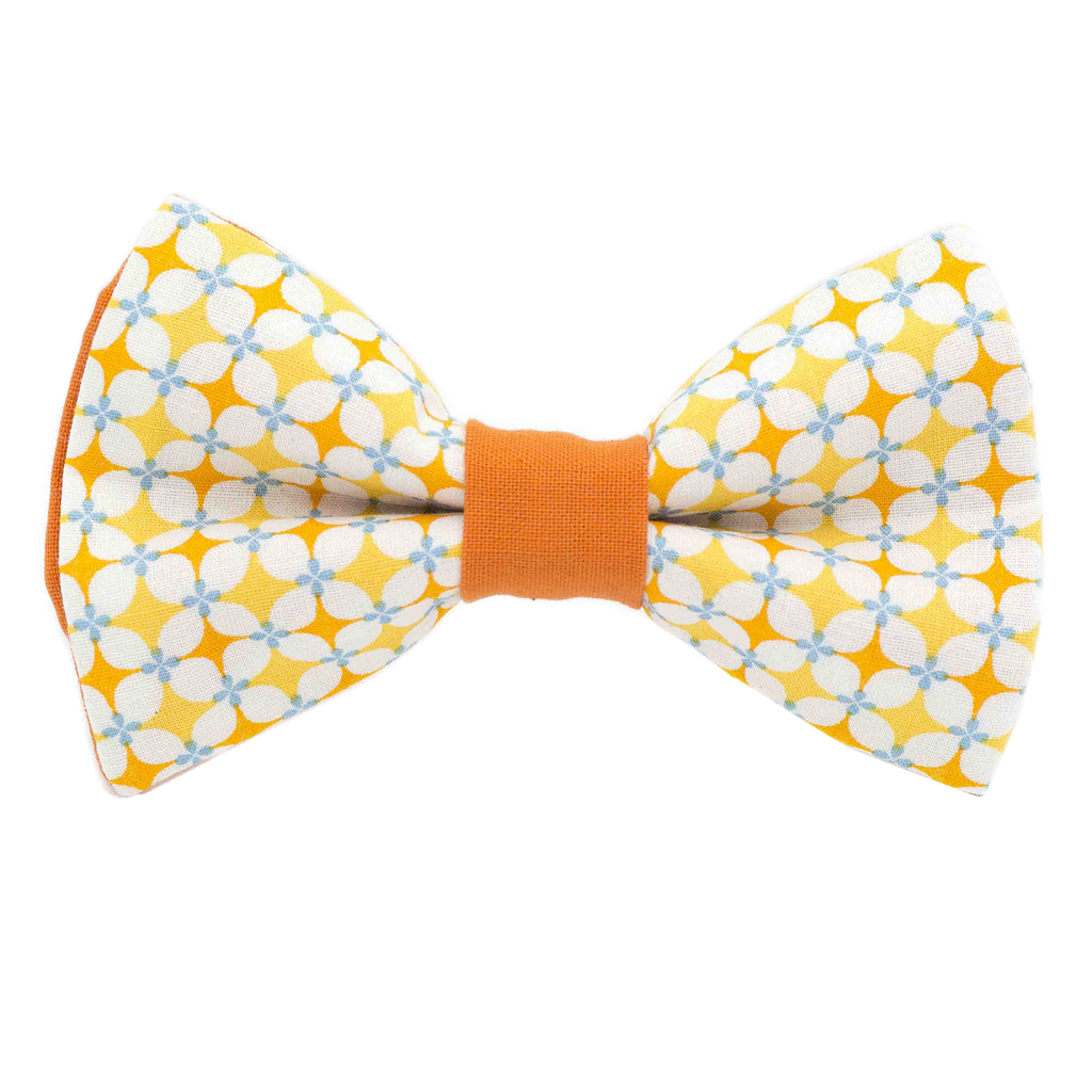 Noeud papillon "Seventies" losanges jaunes et oranges sur fond blanc