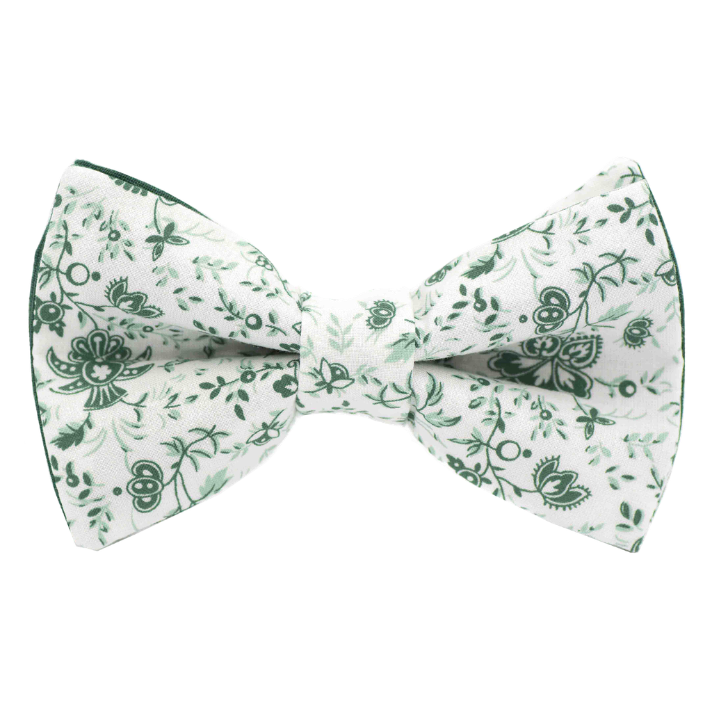 Noeud papillon "Herboriste" motifs floraux verts sur fond blanc