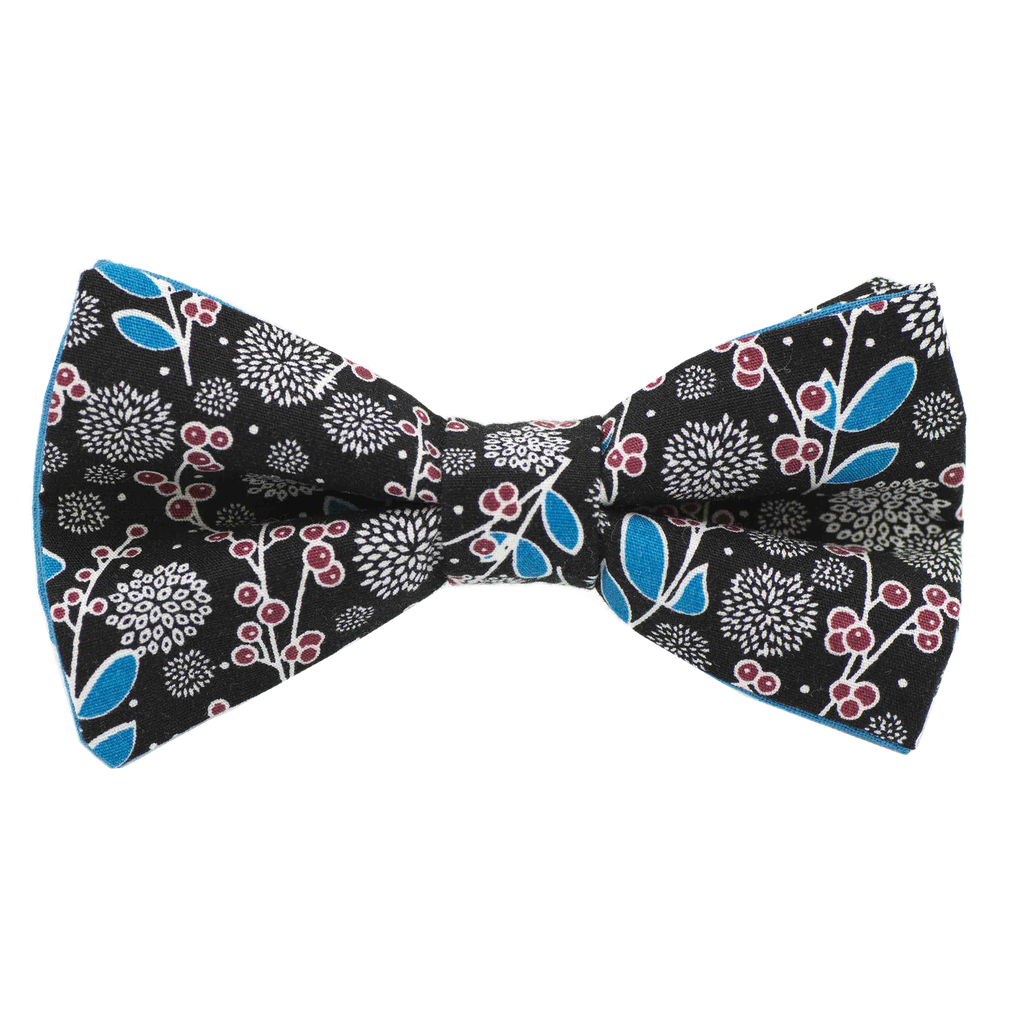 Noeud papillon "Fleur de nuit" fleurs sur fond noir