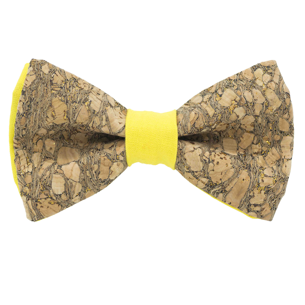 Noeud papillon en liège "Chardonnay" à paillettes dorées bague jaune