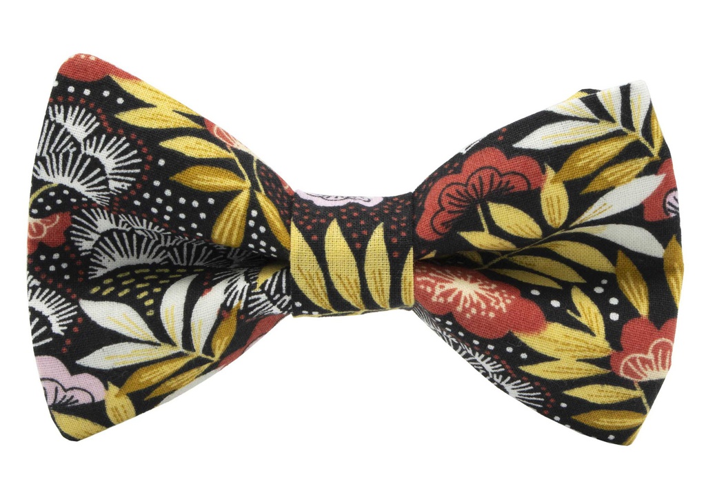 Noeud papillon "Jungle By Night" motifs végétaux jaune moutarde & oranges