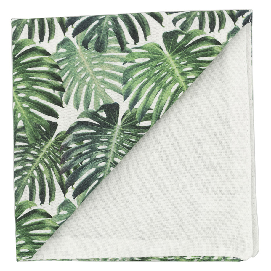 Pochette "Tropical Mood" feuilles vert foncé sur fond blanc