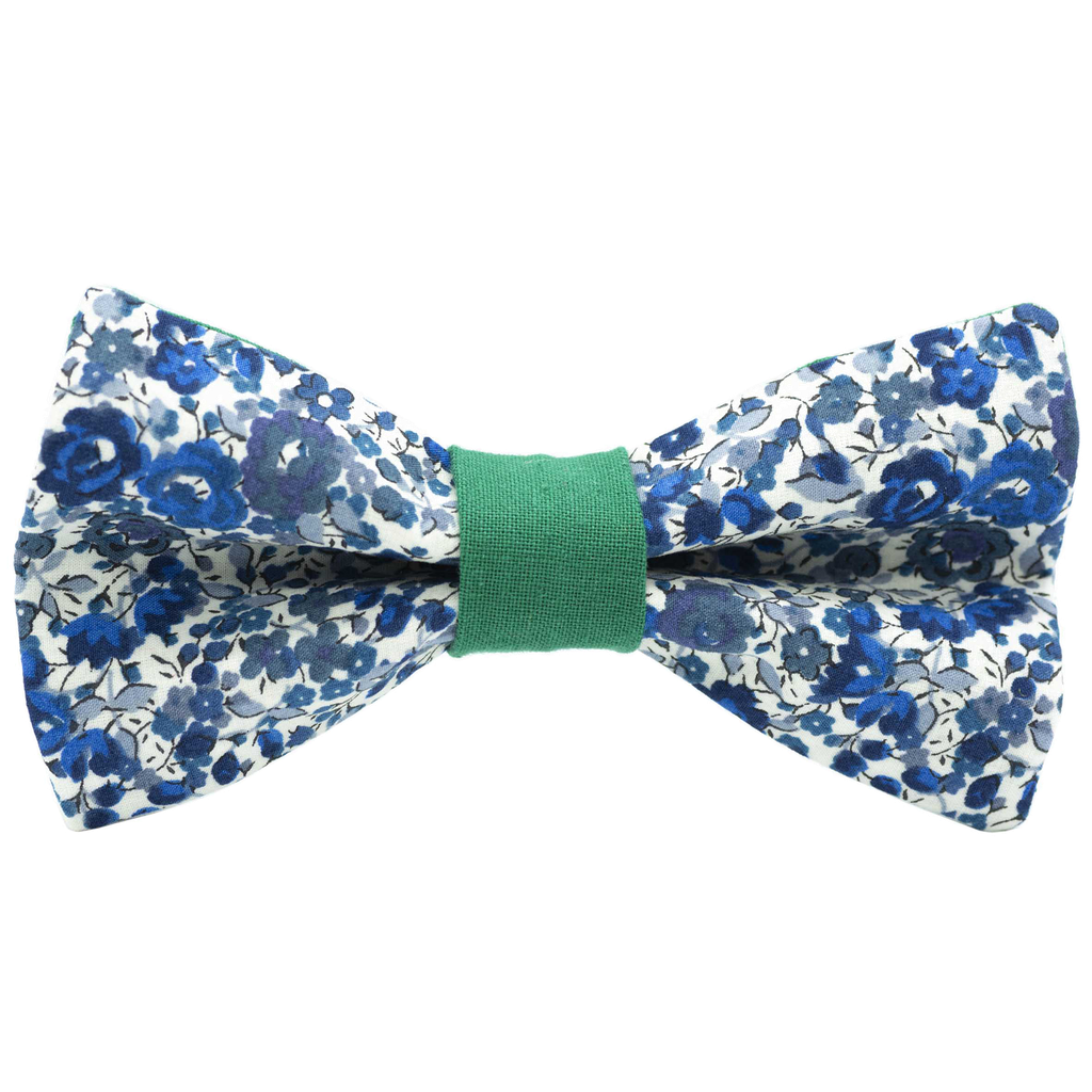 Noeud papillon Liberty "Emma and Georgina" bleu et blanc bague verte