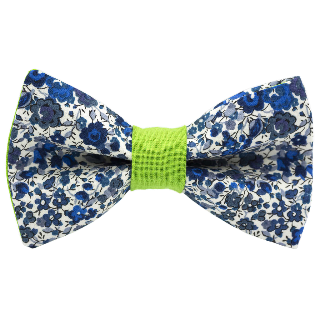 Noeud papillon Liberty "Emma and Georgina" bleu et blanc bague vert pomme