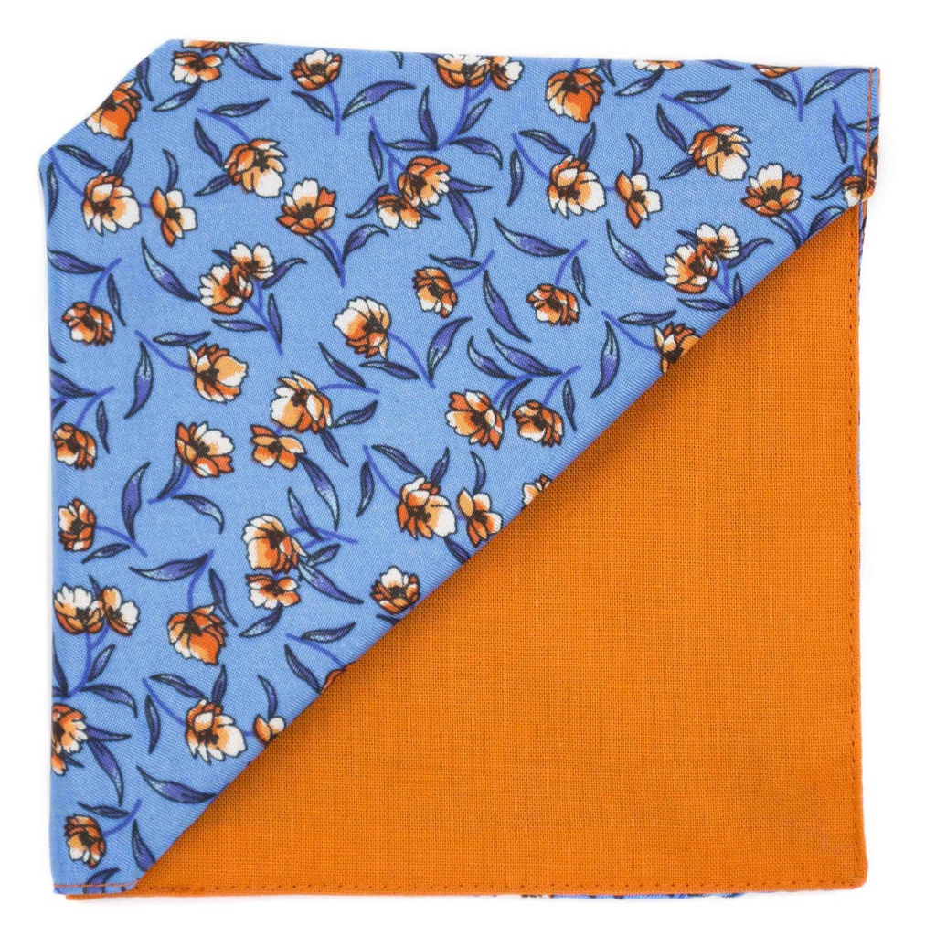 Pochette en satin "Flower Flash" fleurs oranges sur fond bleu