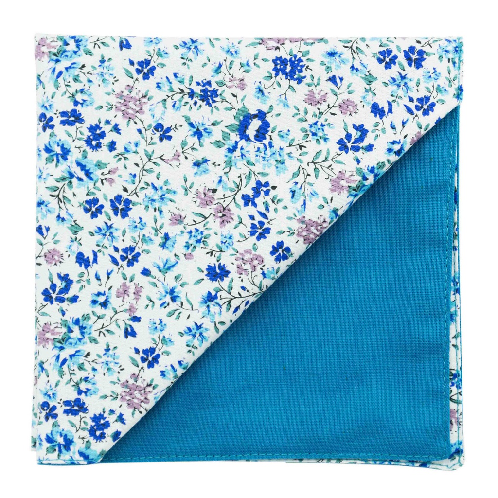 Pochette "Ecume florale" fleurs bleues sur fond blanc