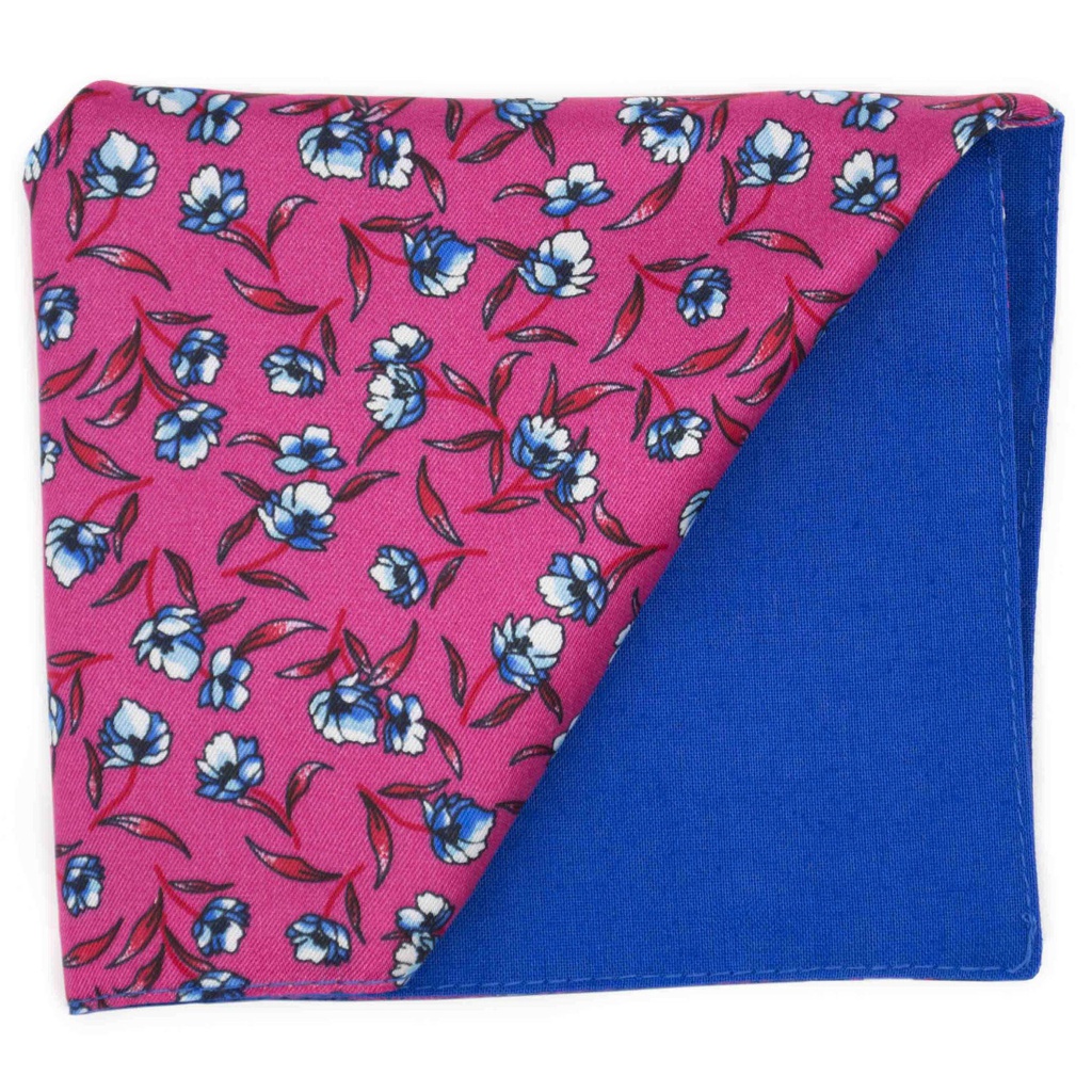 Pochette en satin "Flower Flash" fleurs bleues sur fond rose