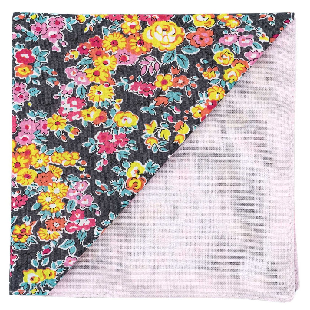 Pochette Liberty "Tatum" fleurs jaunes et roses sur fond gris anthracite