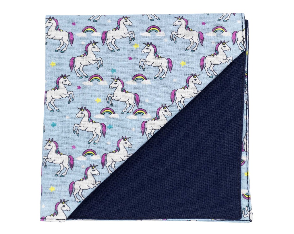 Pochette "Unicorn Mania" motifs licorne et arc-en-ciel sur fond bleu ciel