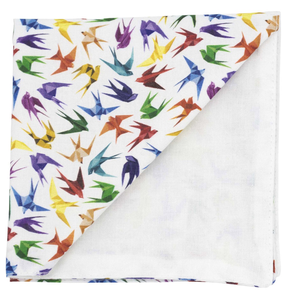 Pochette "Origami Birds" hirondelles multicolores sur fond blanc