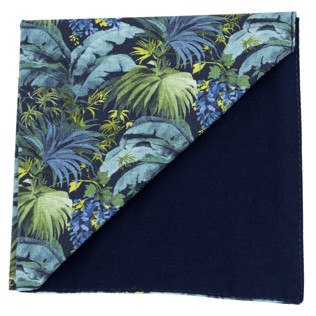 Pochette "Jungle Night" motifs végétaux bleu et vert