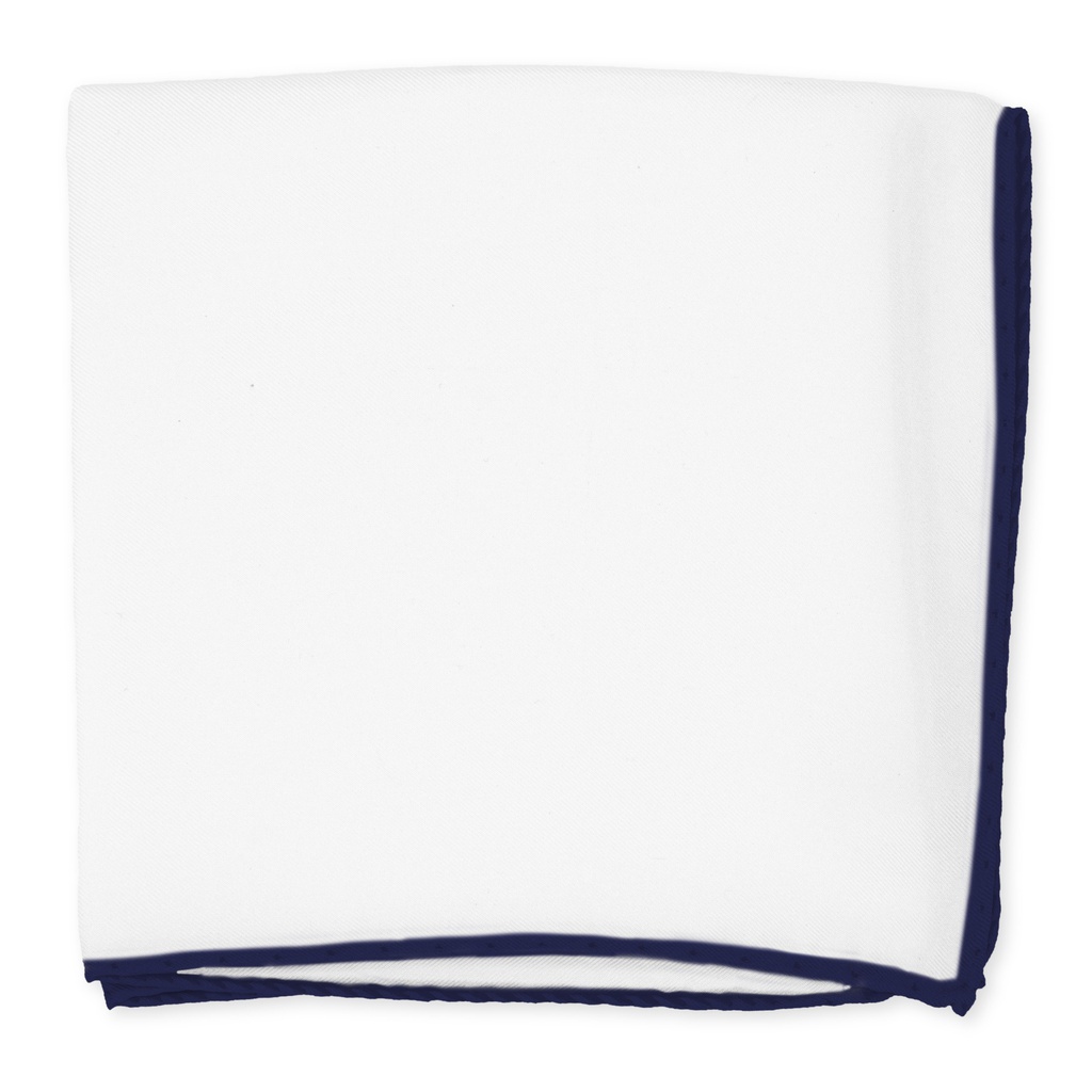 Pochette JAGGS en soie blanche - bords bleu marine