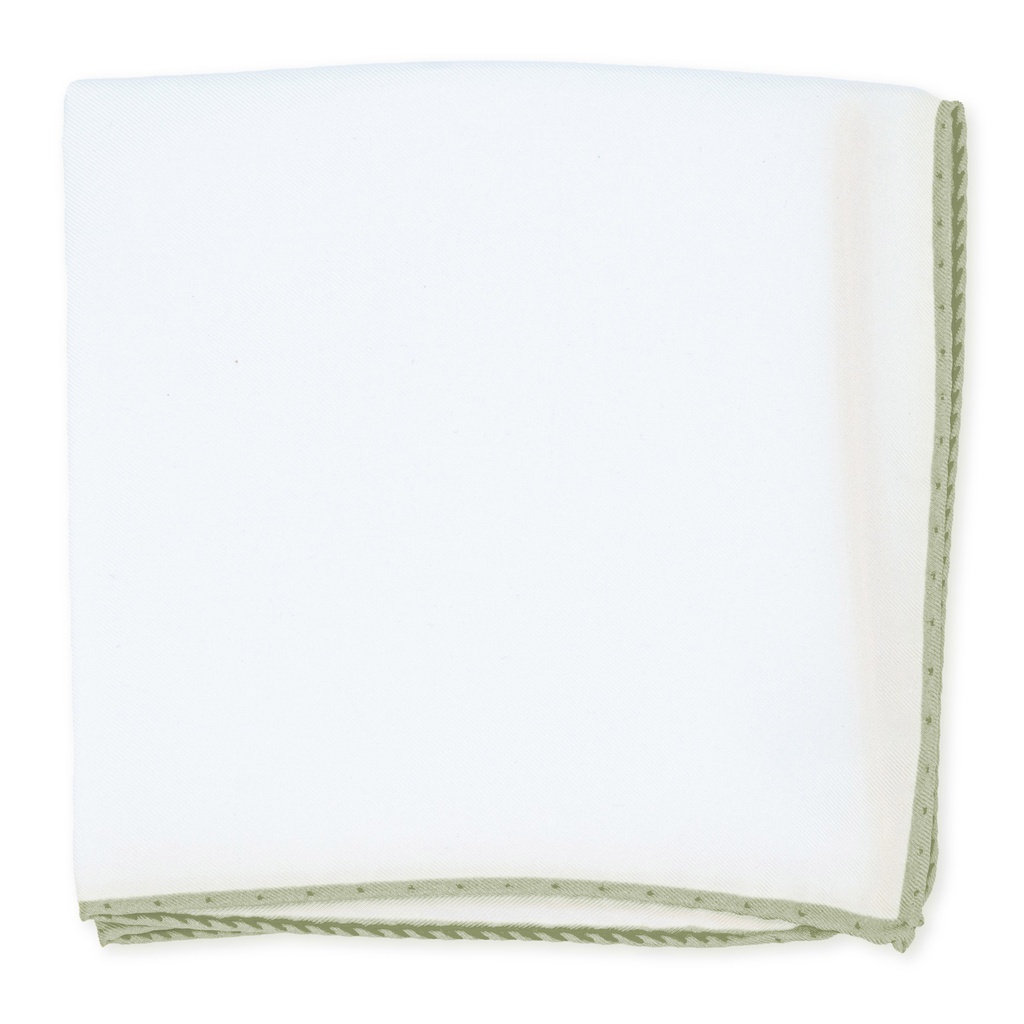 Pochette JAGGS en soie blanche - bords vert olive