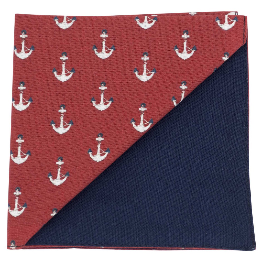 Pochette "Moussaillon" ancres blanches et marines sur fond rouge