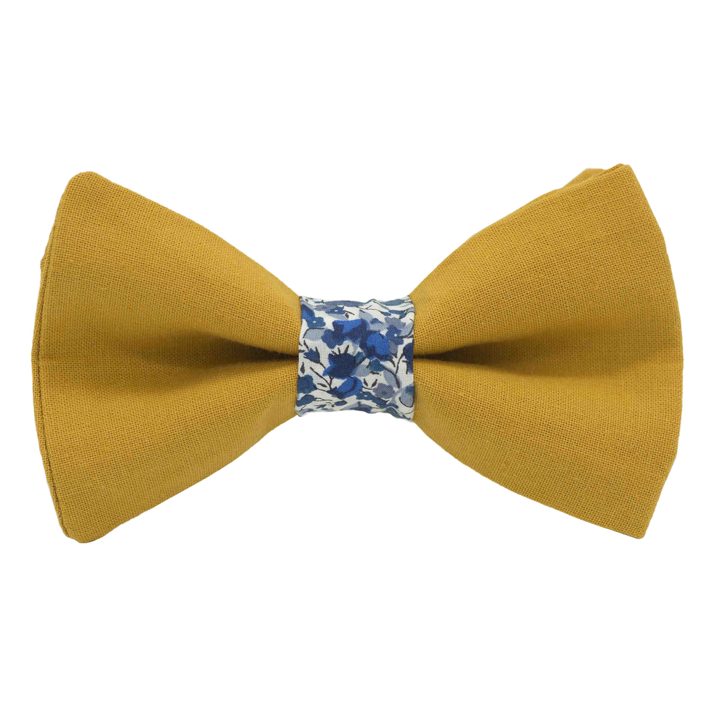 Noeud papillon uni jaune moutarde "New Delhi" bague Liberty "Emma and Georgina" bleu