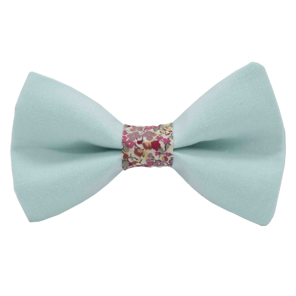 Noeud papillon uni vert d'eau "Tahiti" bague Liberty "Emma & Georgina" rose