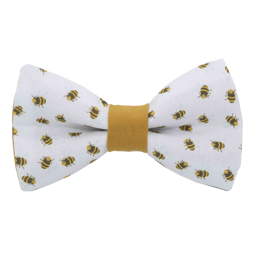 Noeud papillon "Maya" abeilles jaunes et noires sur fond blanc