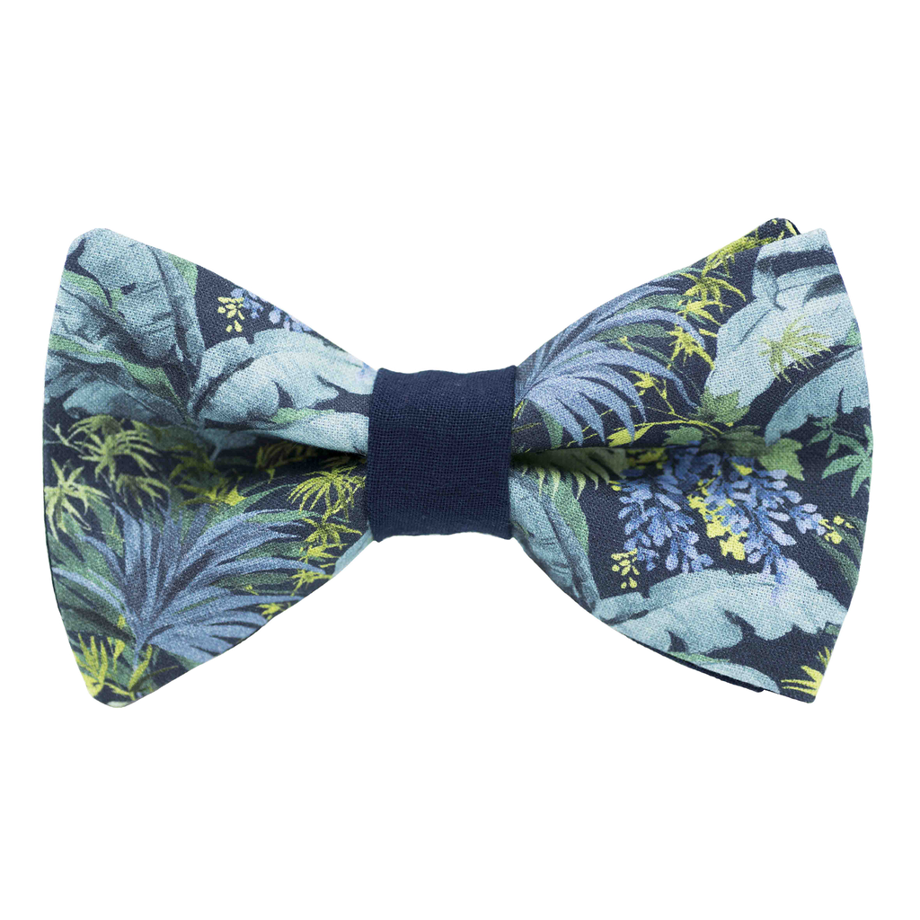 Noeud papillon "Jungle Night" motifs végétaux bleus et verts