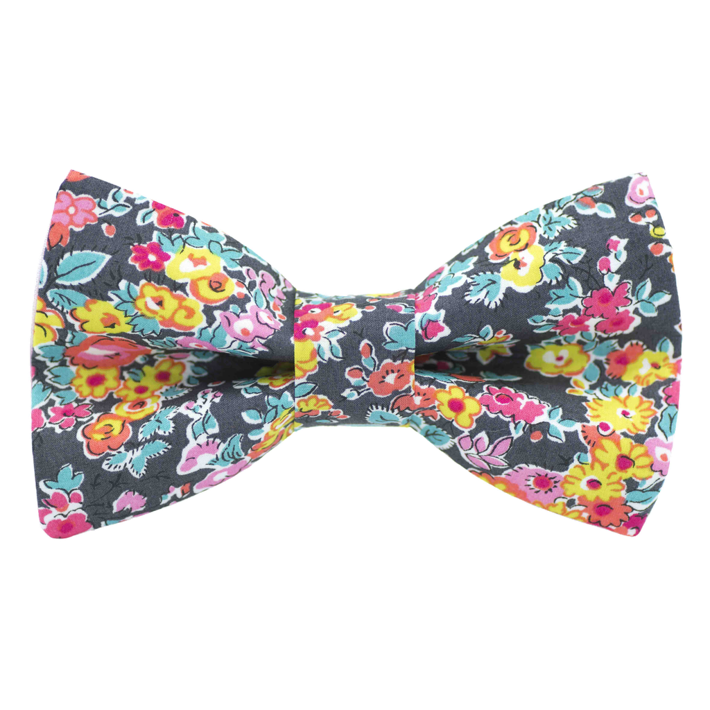 Noeud papillon Liberty "Tatum" fleurs jaunes et roses sur fond gris anthracite