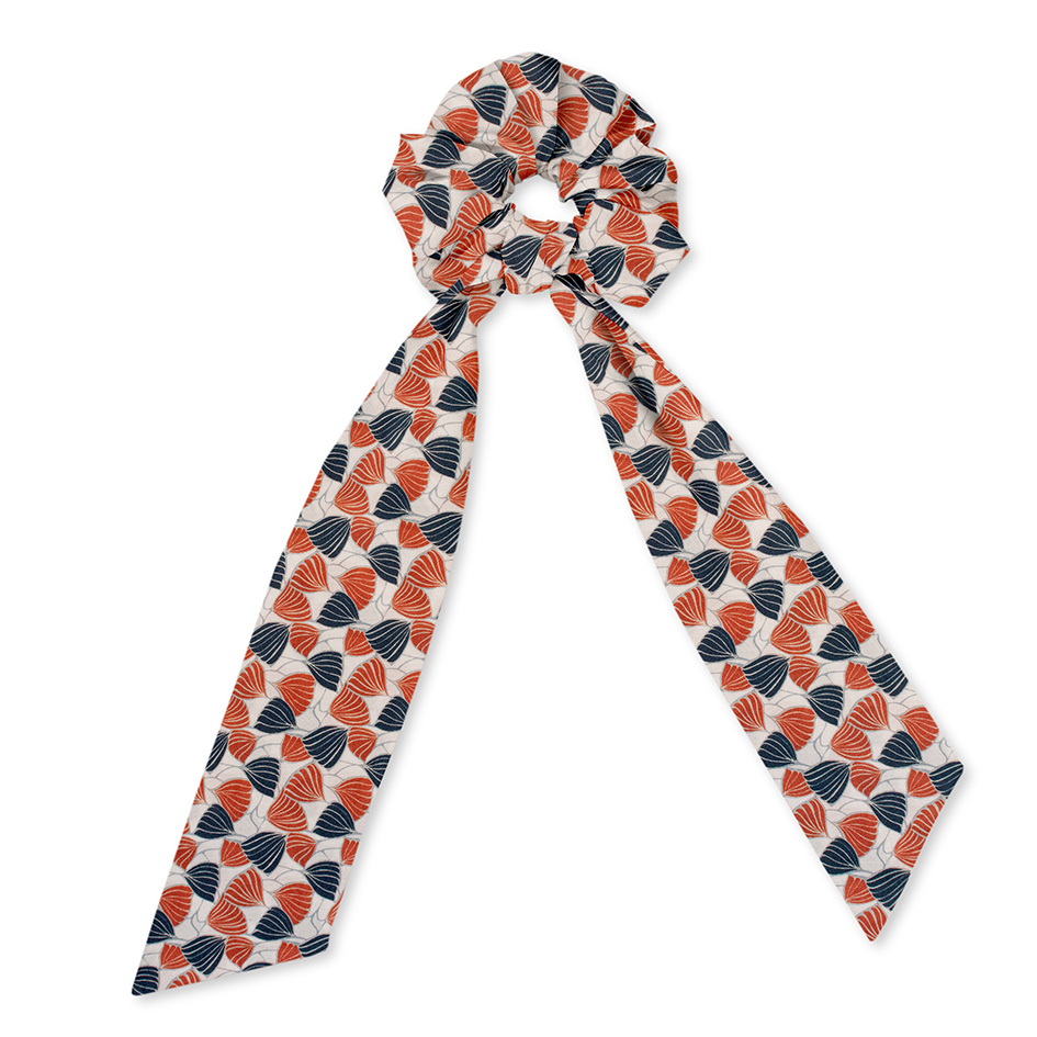 Chouchou foulard Liberty "Deco Wings" orange rouille & bleu