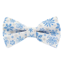 Noeud papillon "Let it snow" flocons de neige gris et bleus sur fond blanc