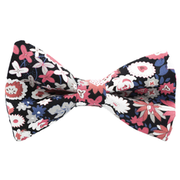 Noeud papillon "Wonderland" fleurs corail, blanches et beiges sur fond noir