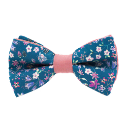 Noeud papillon "Jardin Sous L'Eau" fleurs roses sur fond bleu