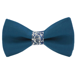 Noeud papillon uni vert canard "Vienne" bague Liberty "Emma and Georgina" bleu