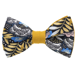 Noeud papillon "Jungle By Night" motifs végétaux jaune moutarde & blancs